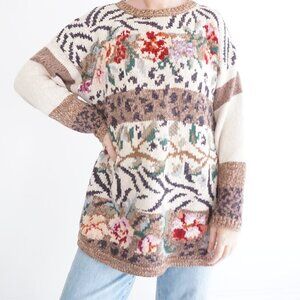 Vintage Tiara Cream Brown Knit Floral Knit Cotton Blend Crewneck Sweater XL